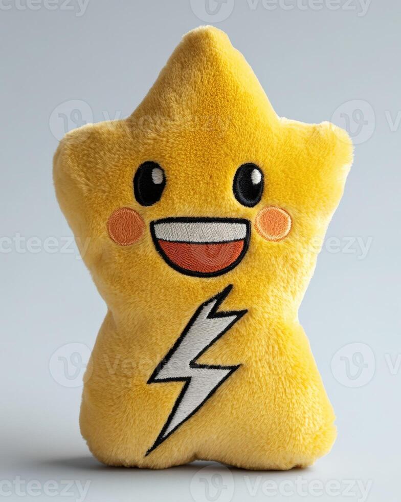 A yellow star shaped plush toy with a lightning bolt on it photo