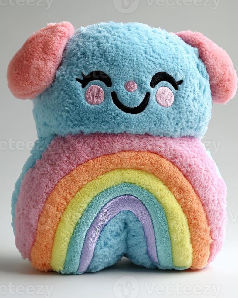 A stuffed animal with a rainbow face and a smile photo