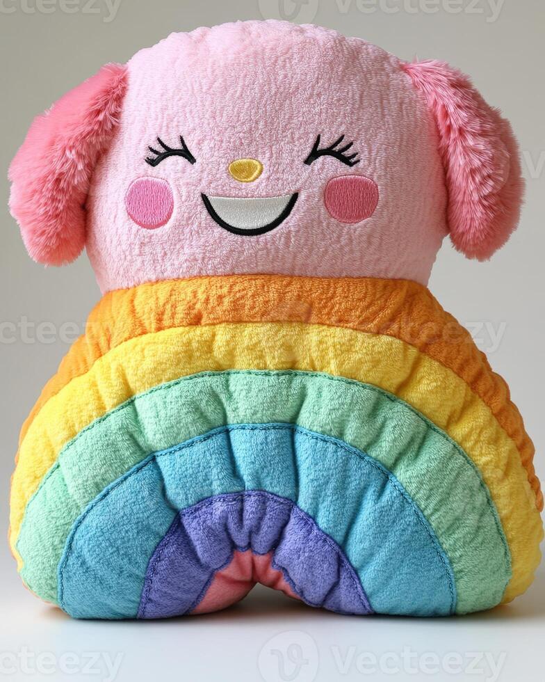 A pink dog pillow with a rainbow on it photo