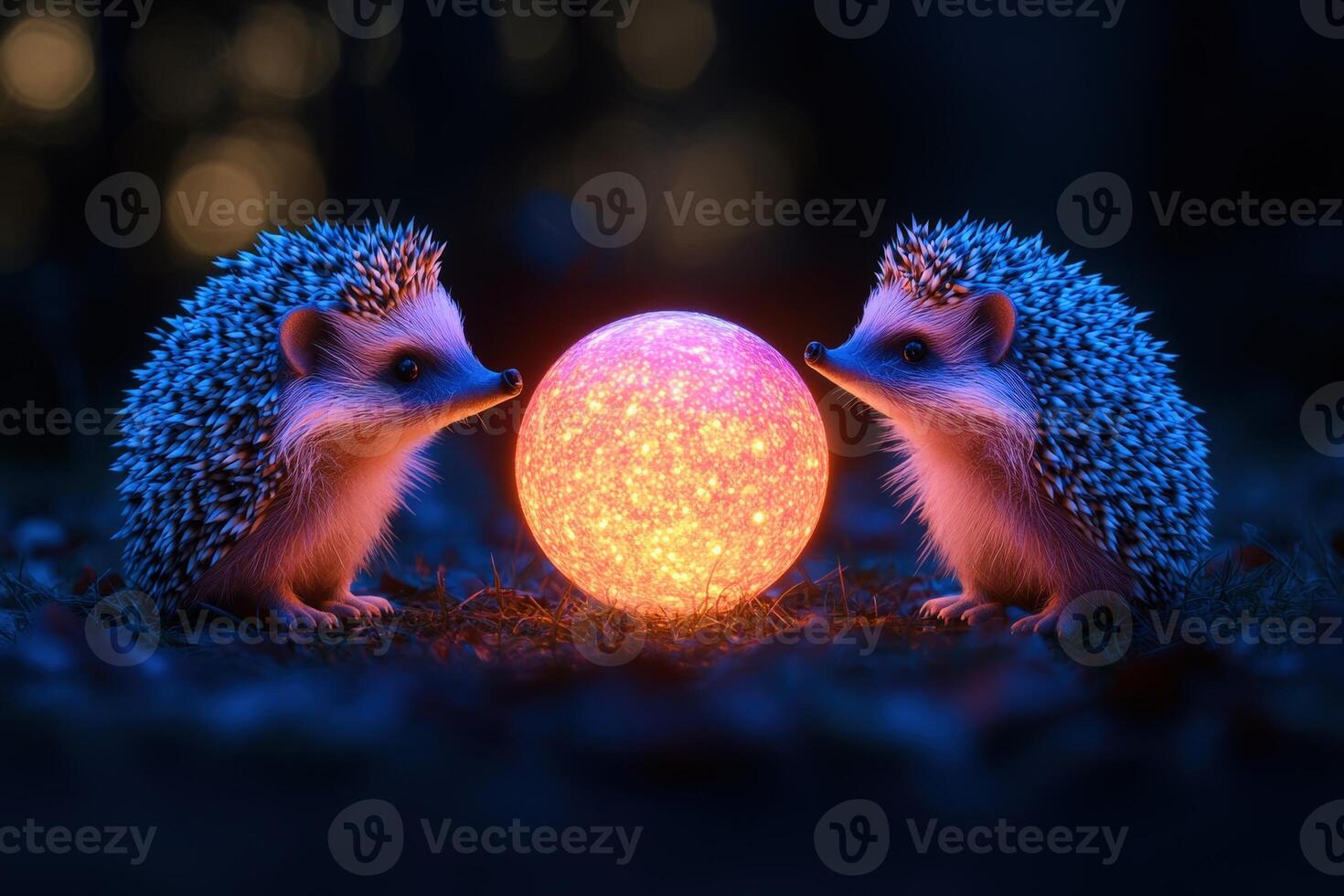 Two hedgehogs looking at a glowing ball photo