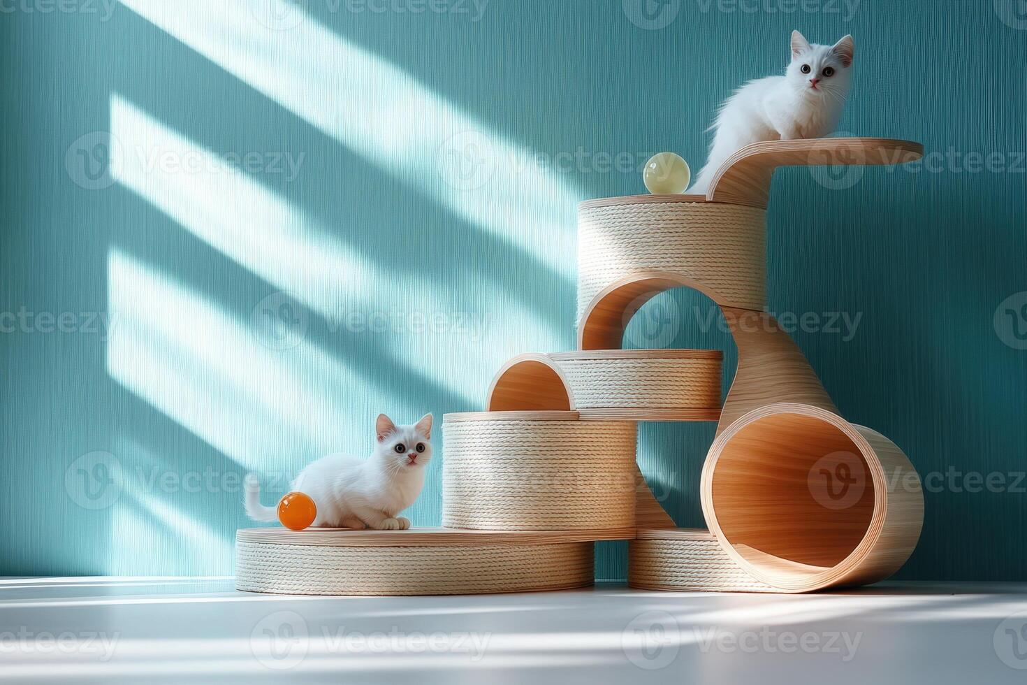 A cat playing on a wooden cat tree photo