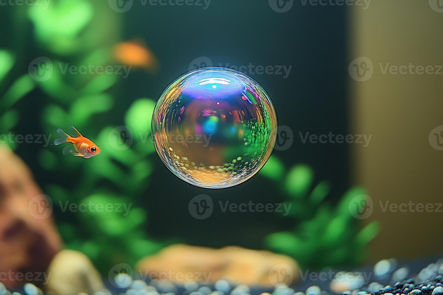 A bubble floating in an aquarium with a fish photo