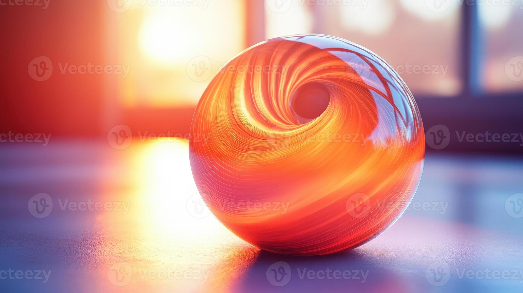 A glass ball with a swirl of red and orange photo