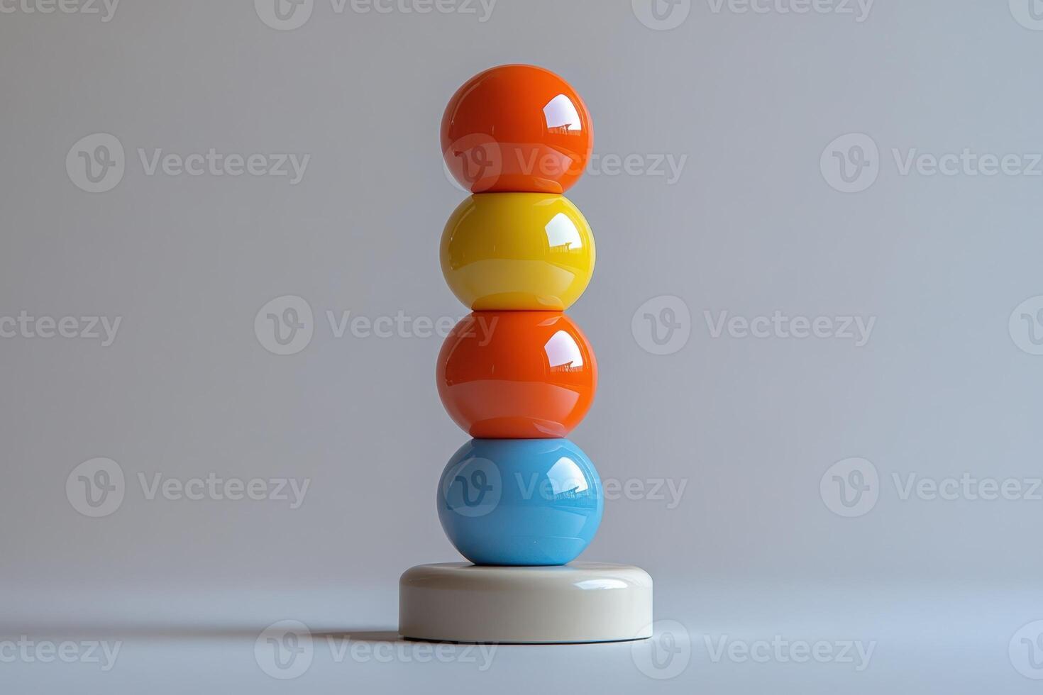A stack of colorful eggs on top of a white base photo