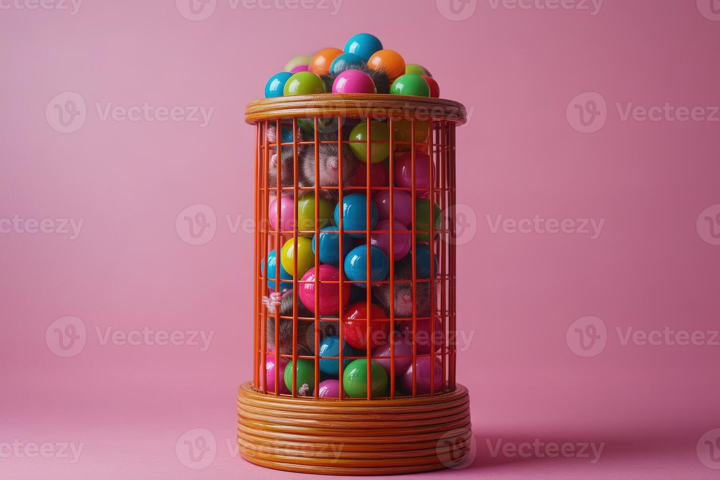 A wooden cage filled with colorful balls photo