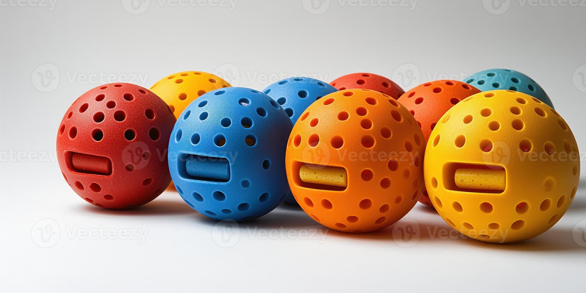 A group of colorful plastic balls with holes in them photo