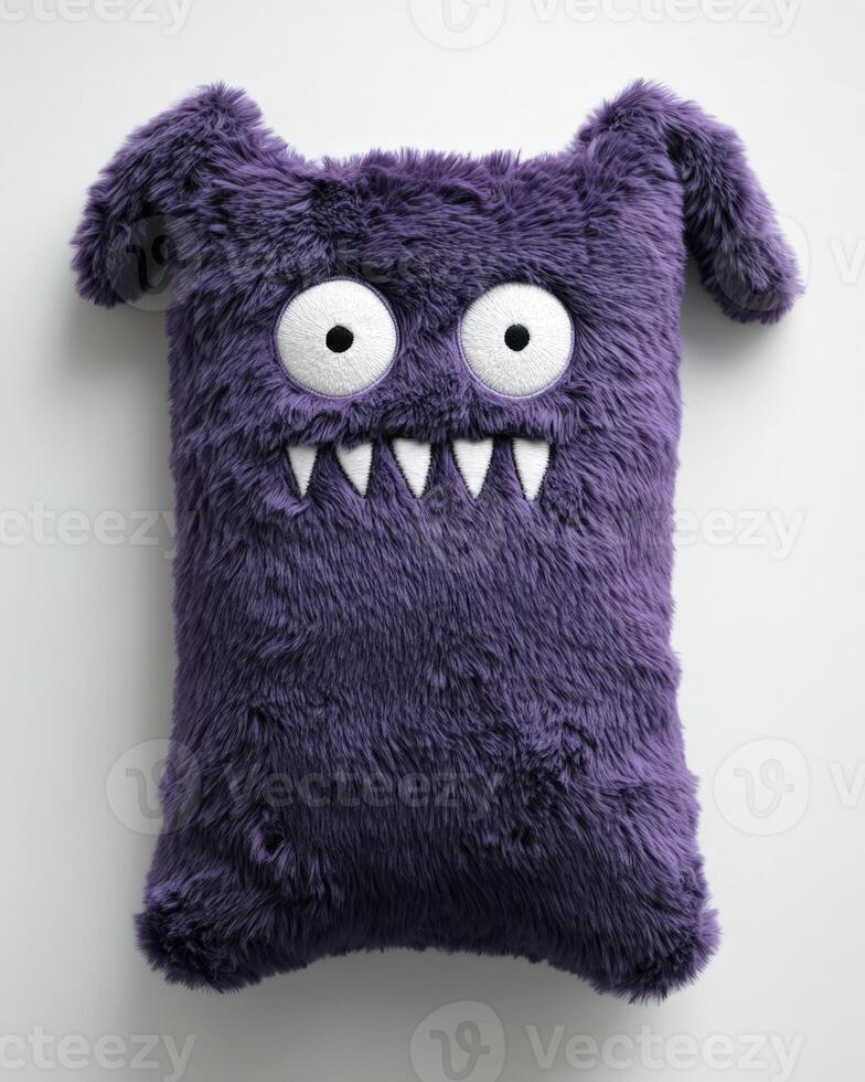 A purple monster pillow with eyes and a big nose photo