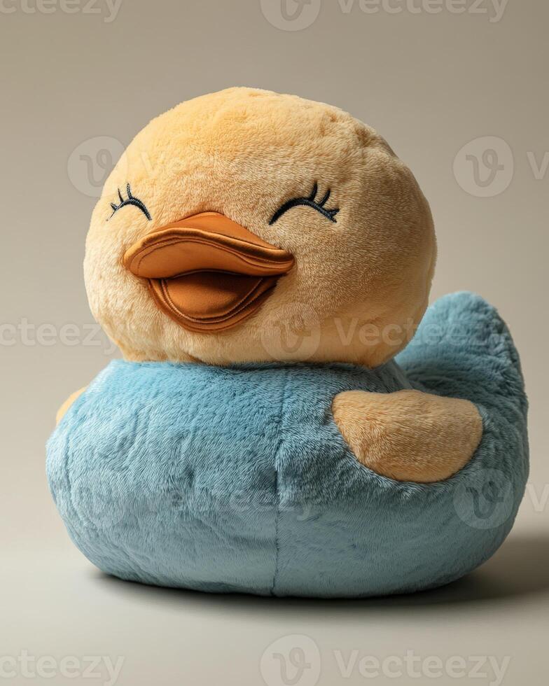 A stuffed toy duck with a blue and yellow body photo