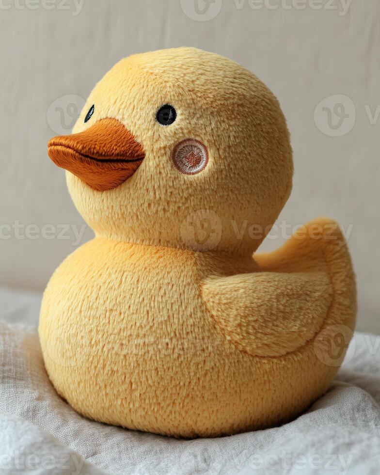 A stuffed duck on a bed photo