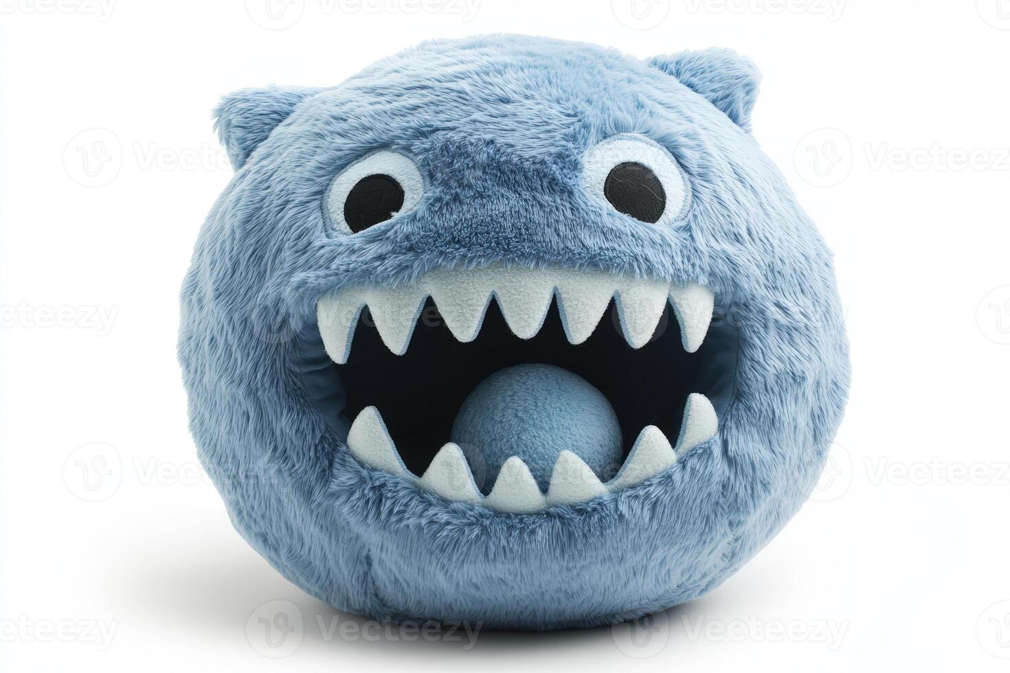 A blue monster toy with teeth and a mouth open photo