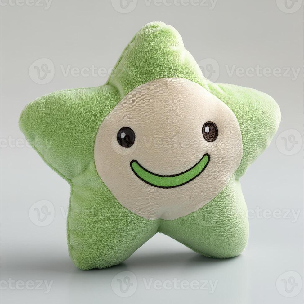 A green star shaped plush toy with a smiling face photo