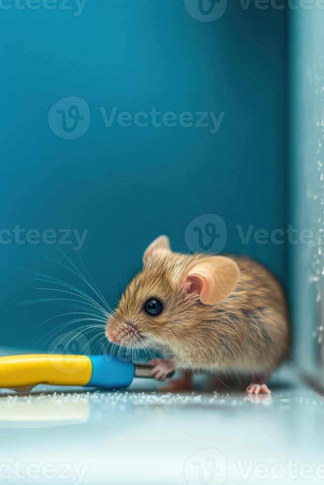 A mouse is standing on a blue surface with a toothbrush photo