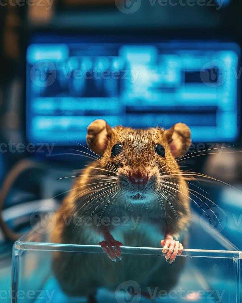 A mouse is sitting in a glass case photo