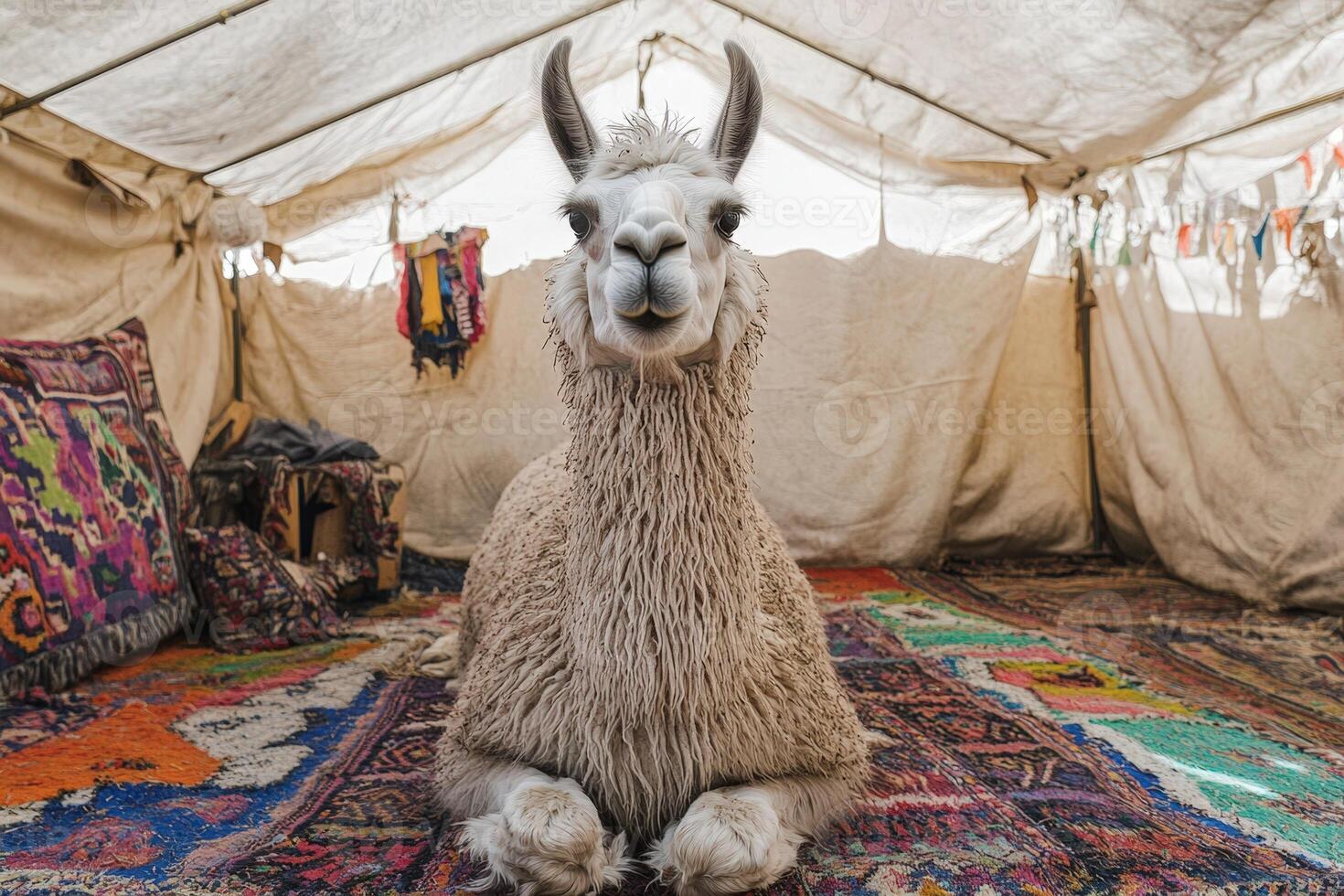 A llama sitting in a tent with colorful rugs photo