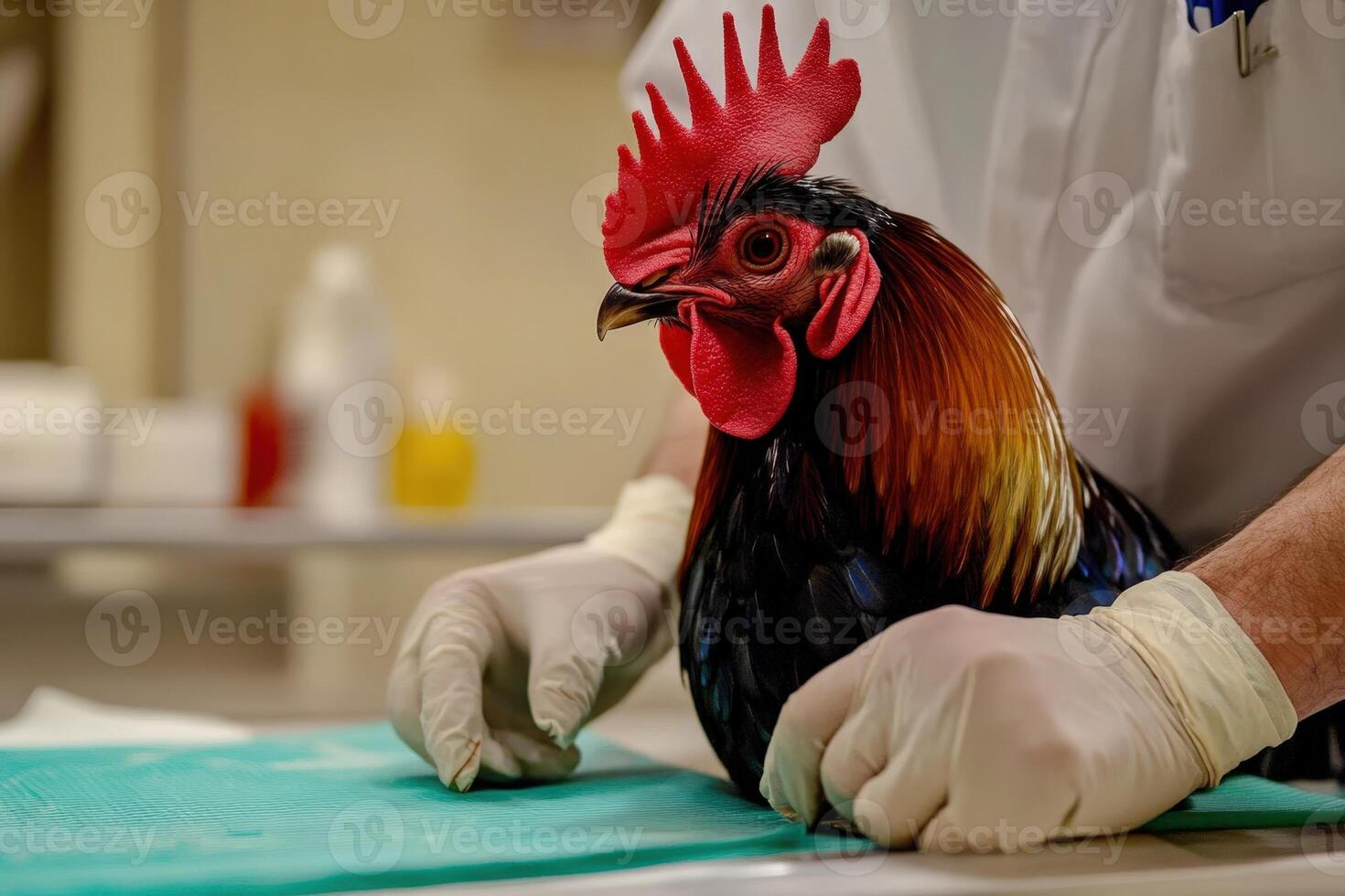 A rooster being examined by a vet photo