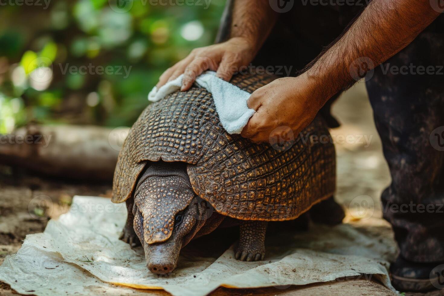A man is cleaning an armadillo with a cloth photo