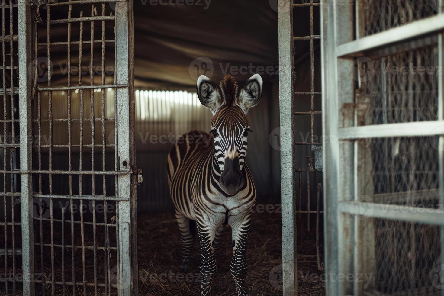 A zebra standing in a cage photo