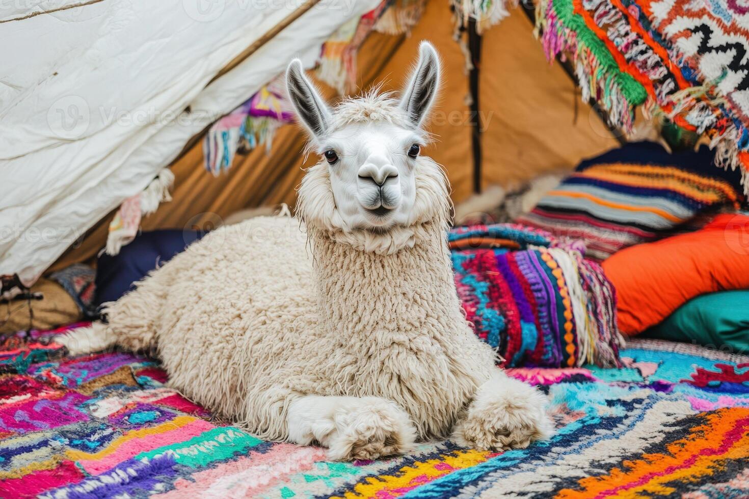 A Llama Sitting on a Colorful Rug Inside a Tent photo
