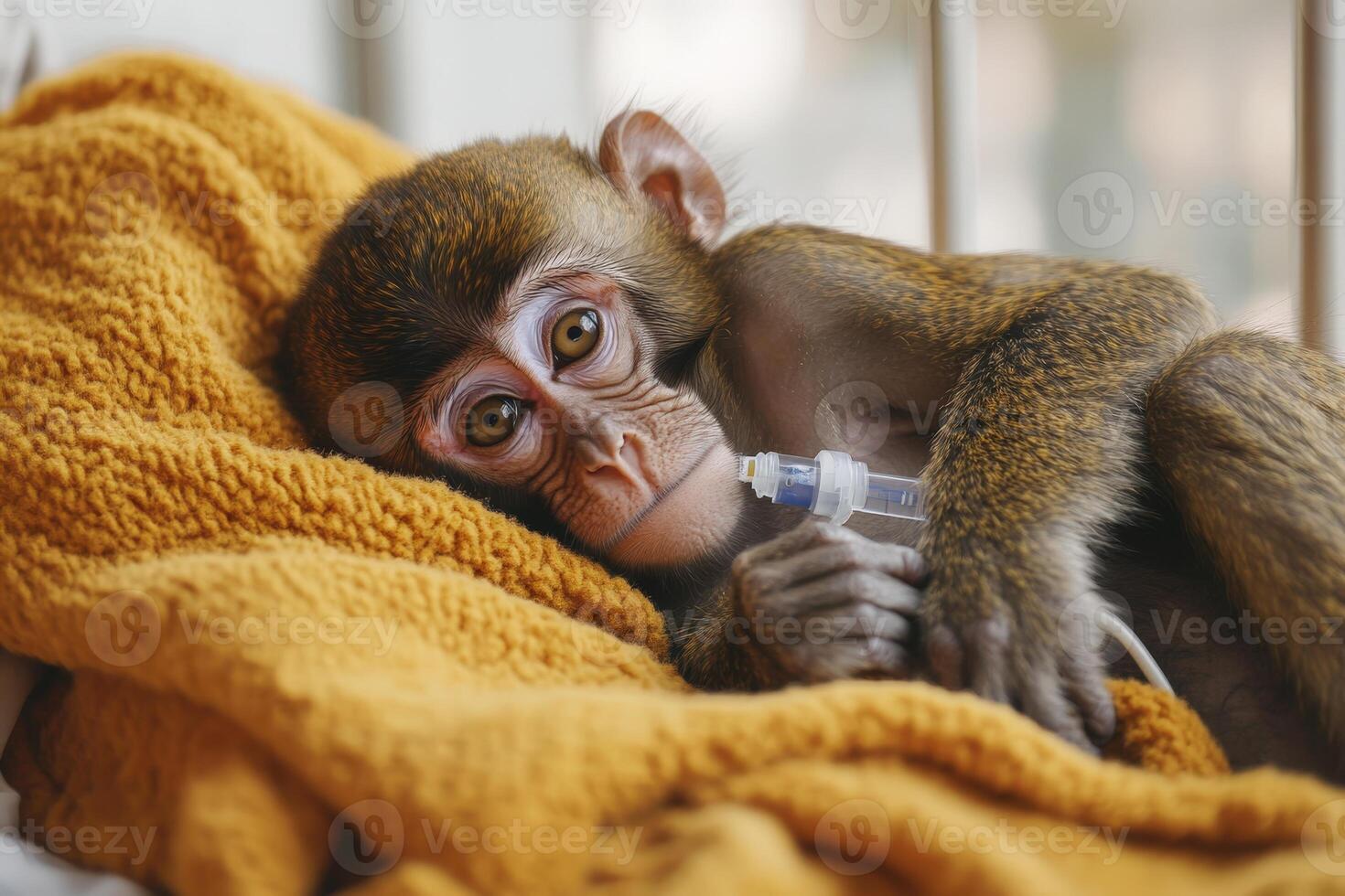A monkey with an oxygen tube in its mouth photo
