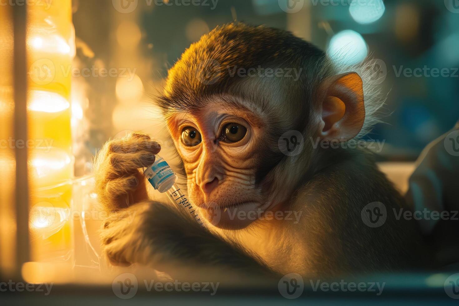 A monkey holding a glass of water photo