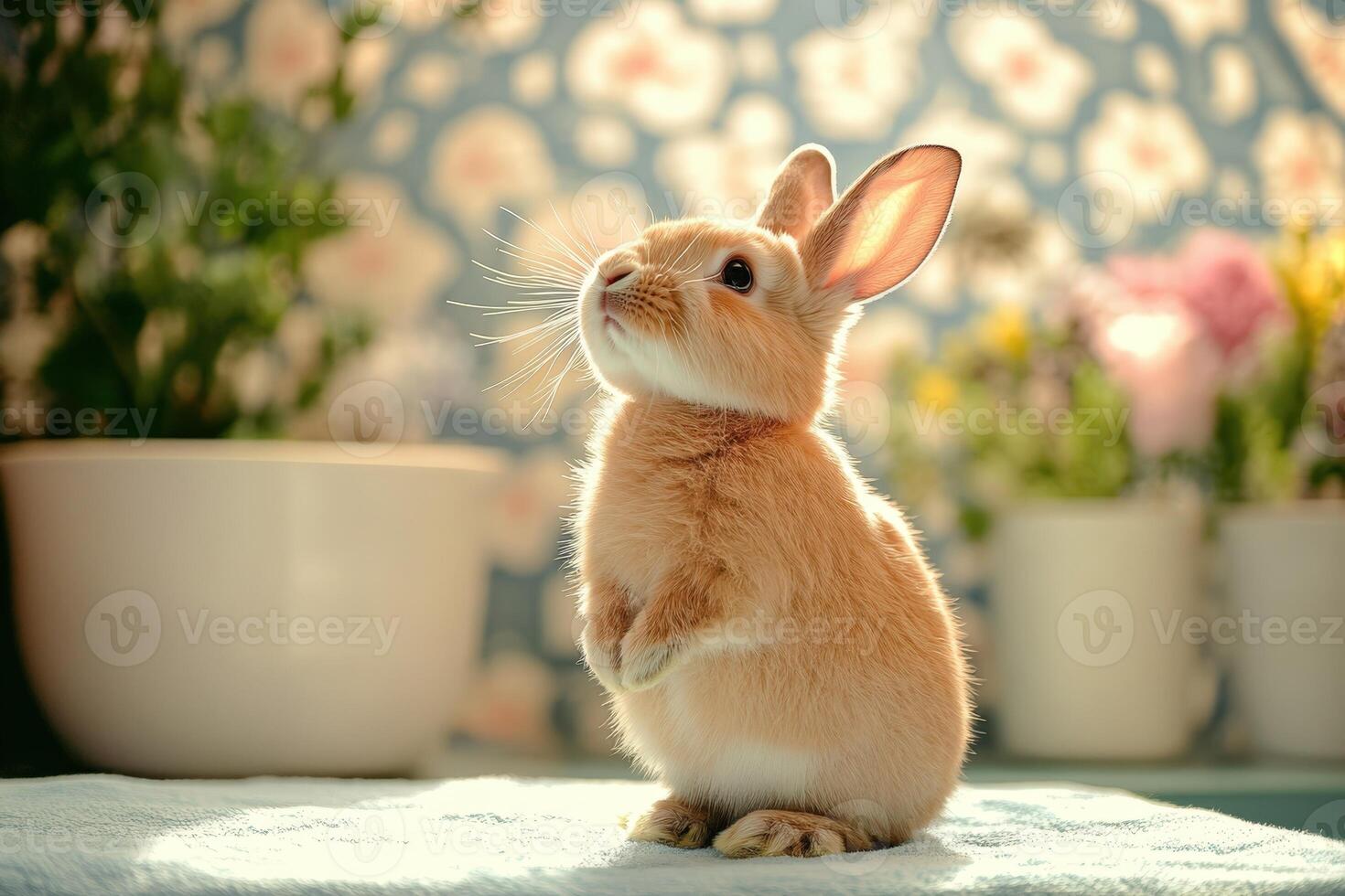 Fluffy Bunny Standing on Hind Legs and Looking Up Photo. photo