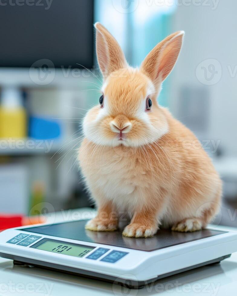Rabbit on Scale Weighing a Pet Bunny for Health Check photo