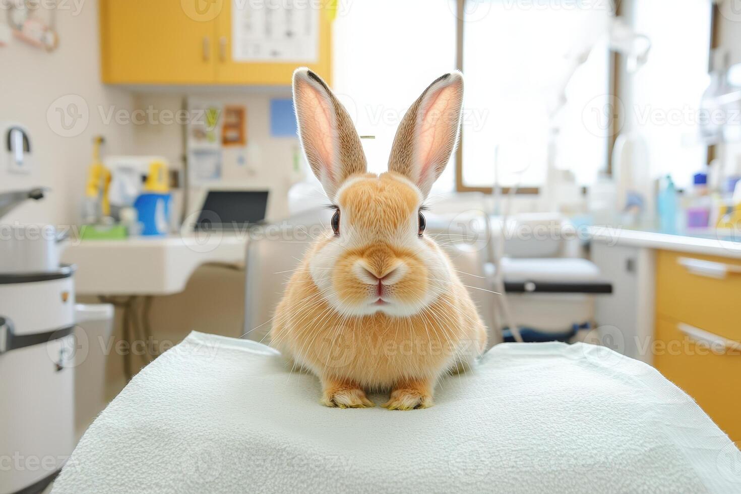 A rabbit sitting on a dental chair in a room photo