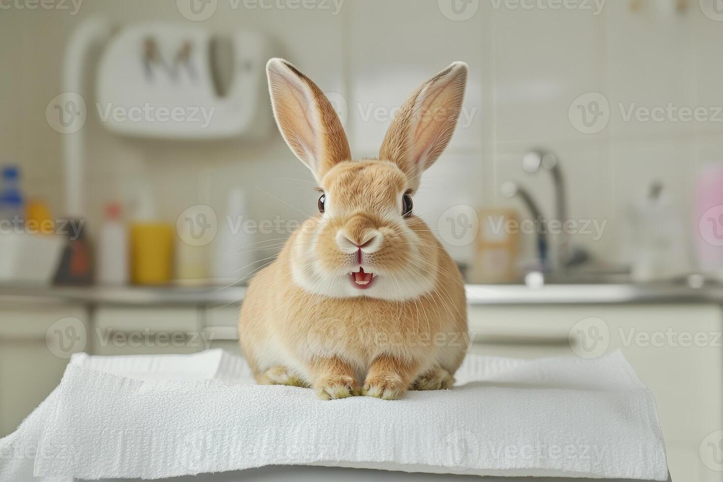 A rabbit sitting on top of a white towel photo