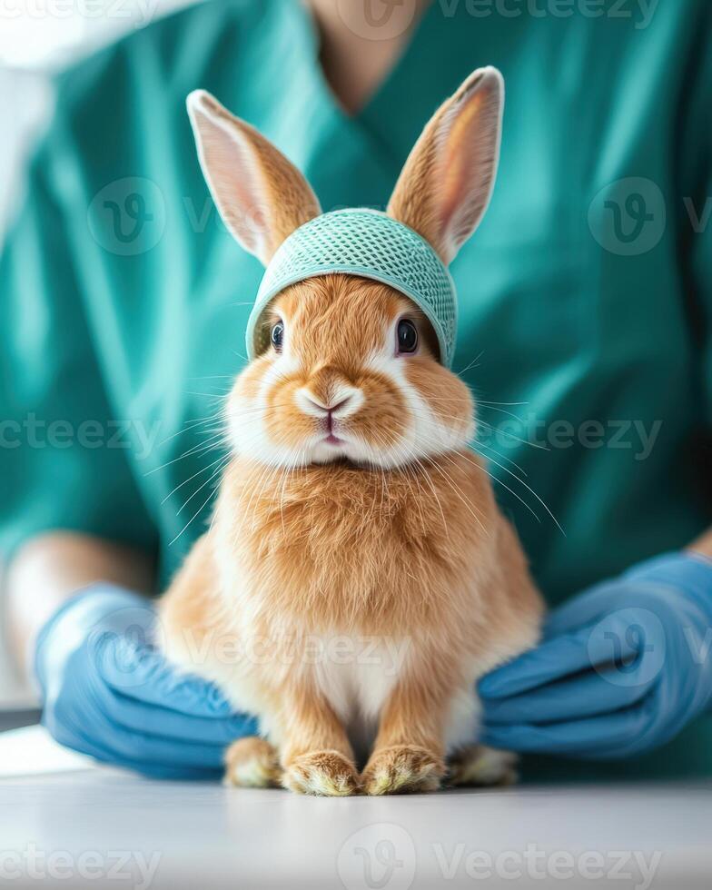 A rabbit wearing a bandage on its head photo