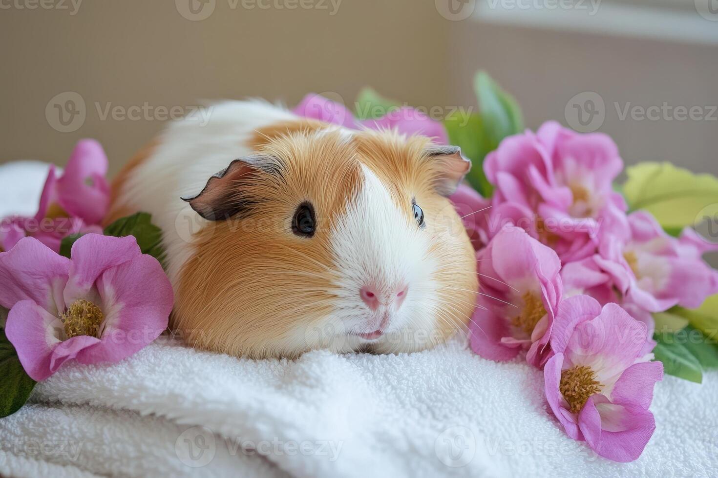 Guinea Pig Lying on Towel with Flowers photo
