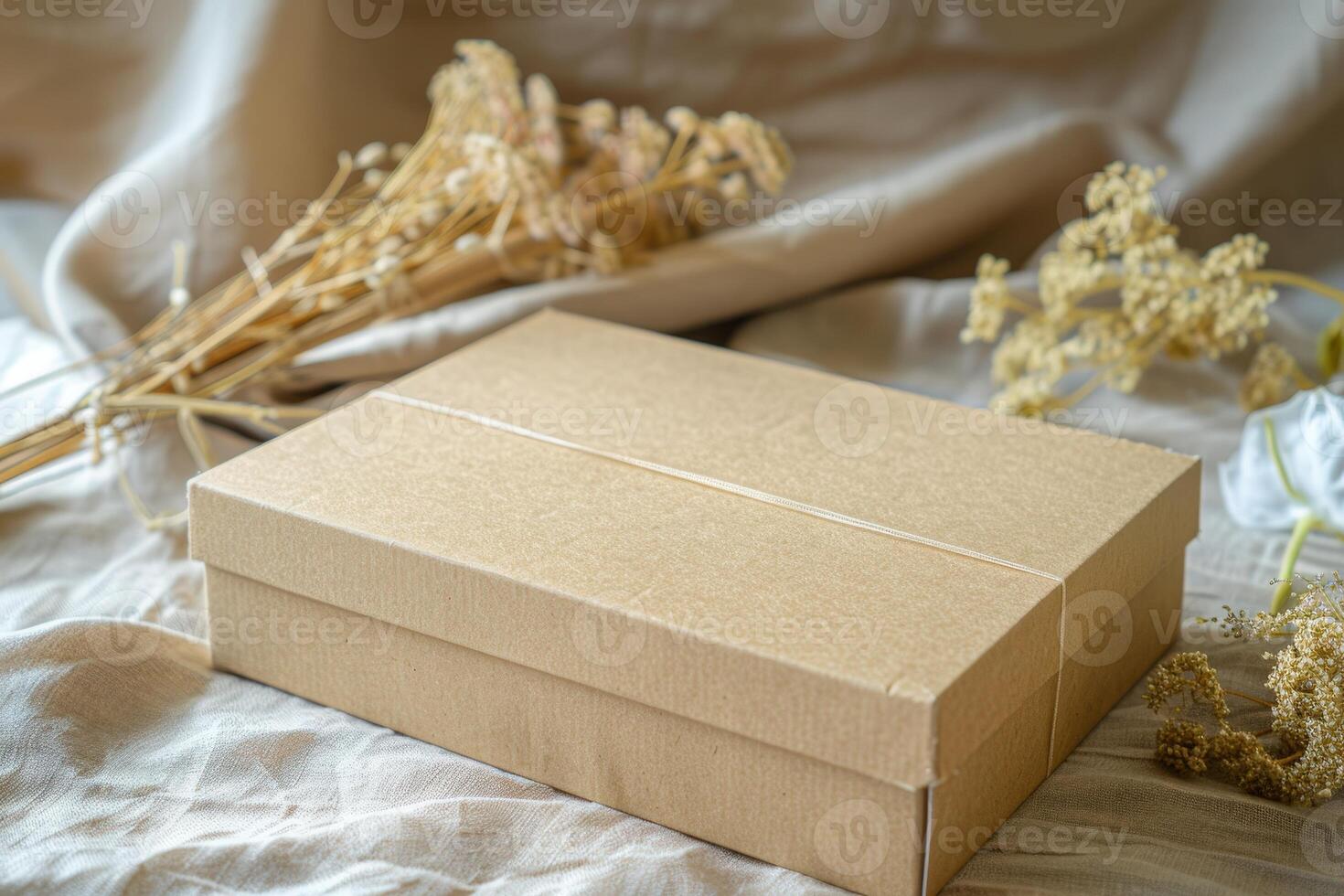 A brown box with a ribbon on a bed photo