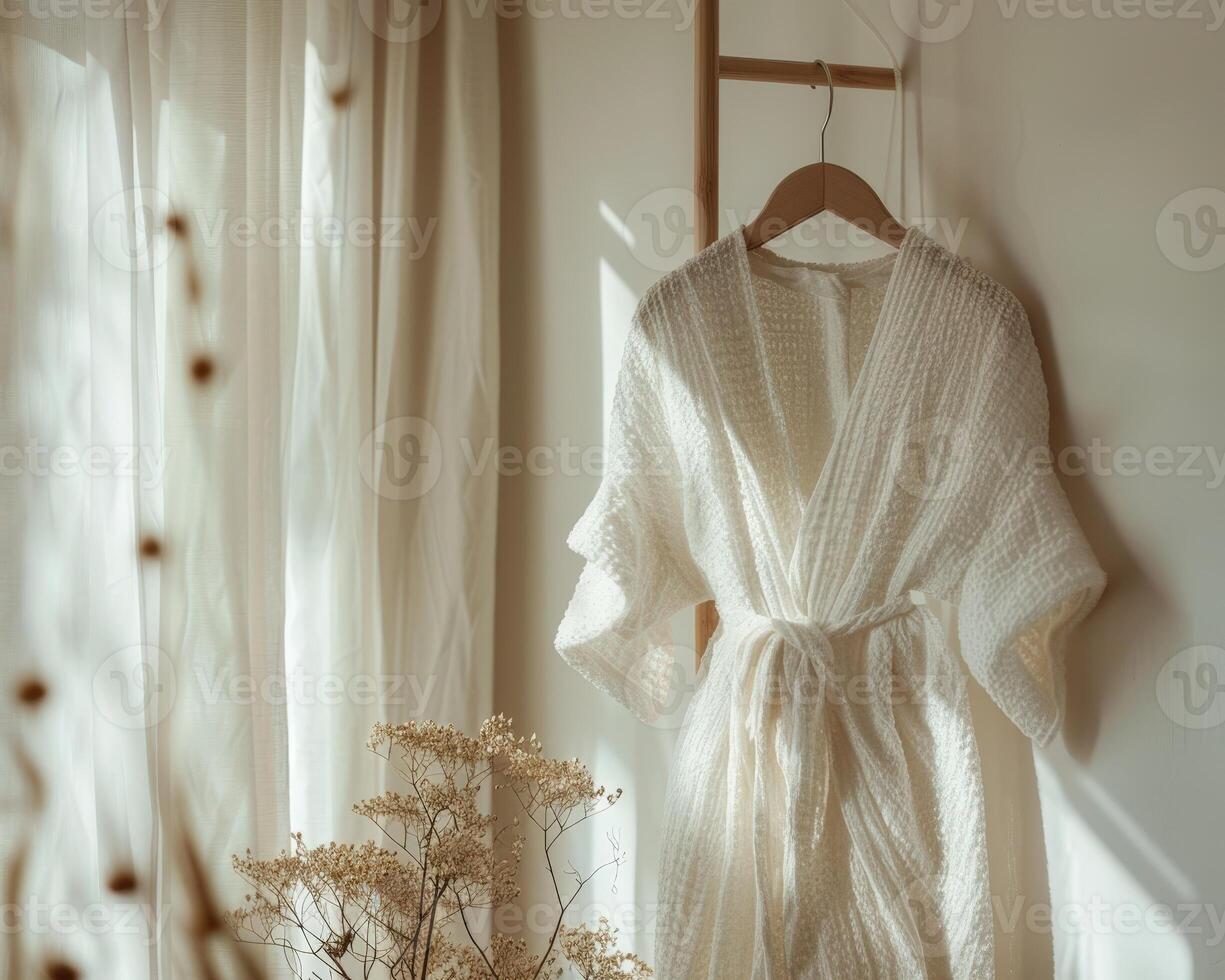 A robe hanging on a wooden hanger in front of a window photo