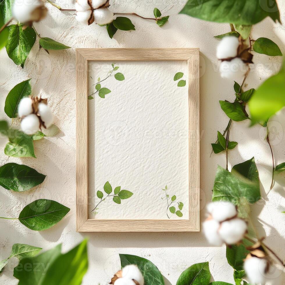 Aesthetic Photo Frame with Green Leaves and Cotton