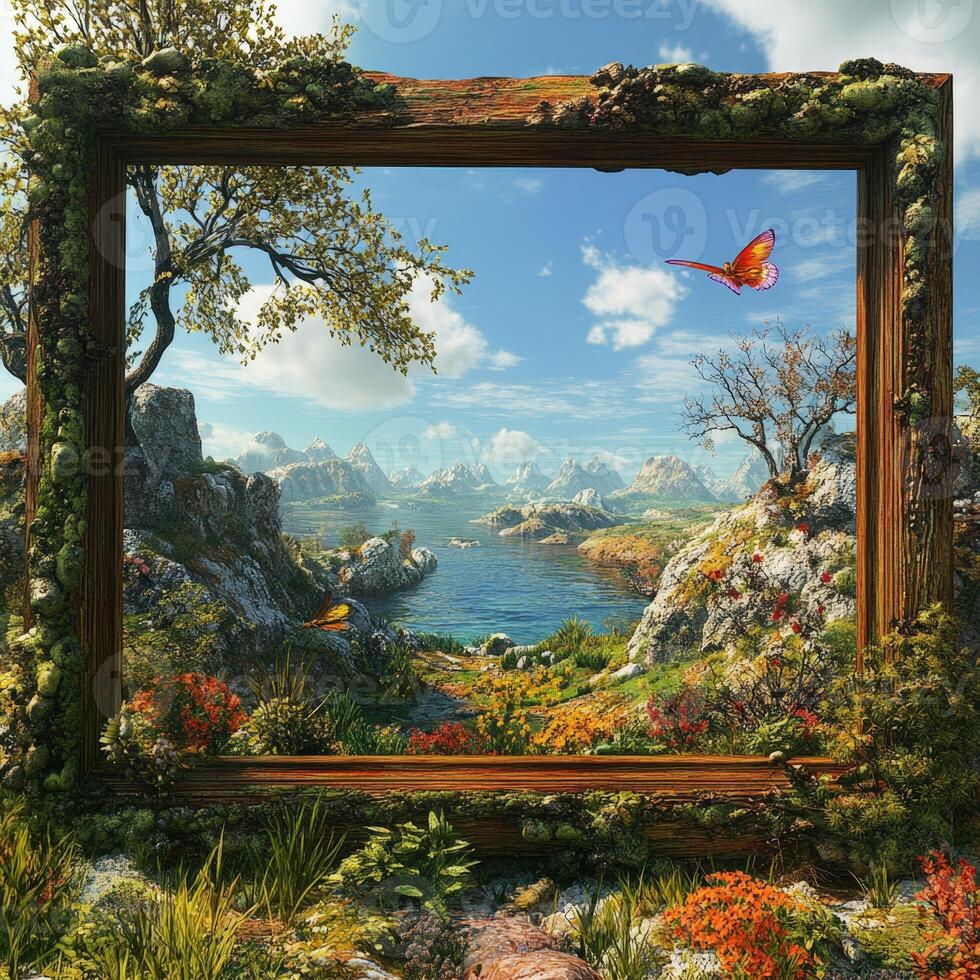 A frame with a view of a landscape and a butterfly photo