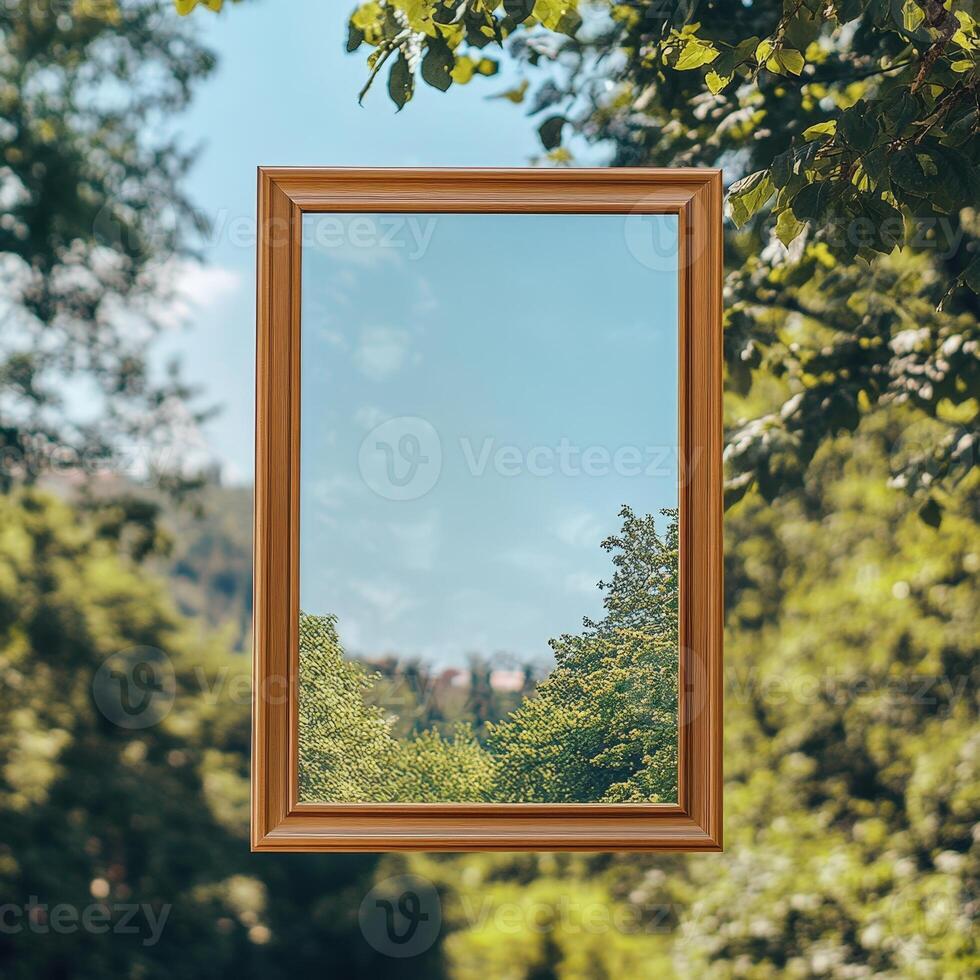 A wooden frame with a view of a forest photo
