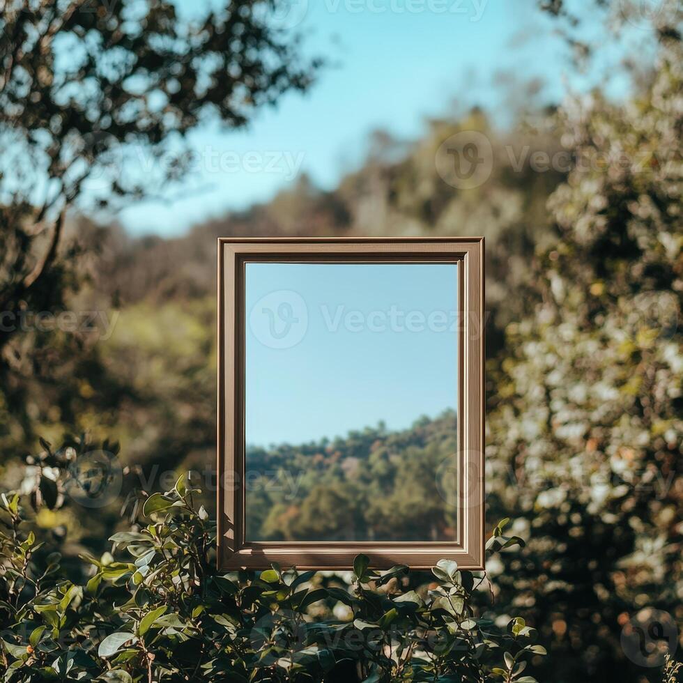 A wooden frame with a landscape in the background photo
