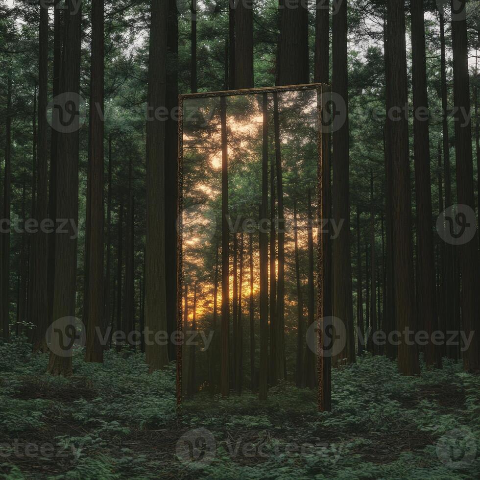 A mirror in the middle of a forest with trees photo