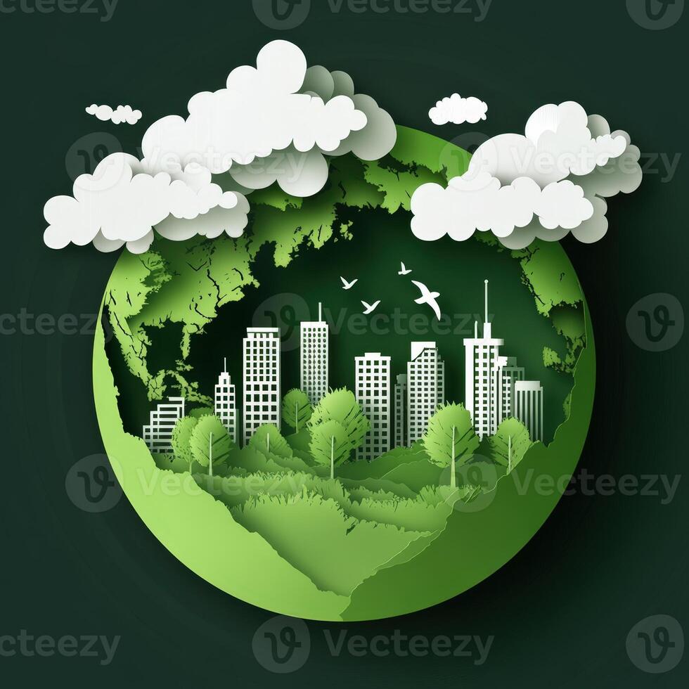 Green city with trees and clouds on the planet photo