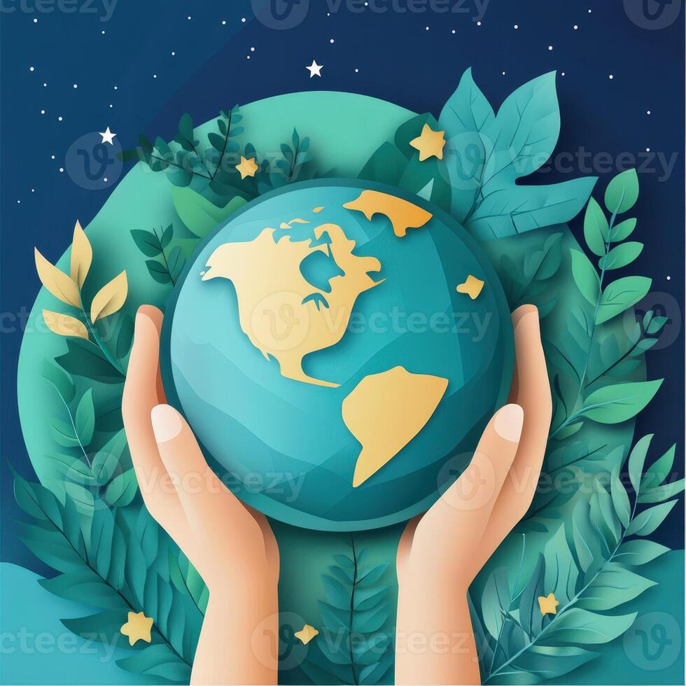 Save the earth concept with hands holding the globe and leaves on a blue background photo