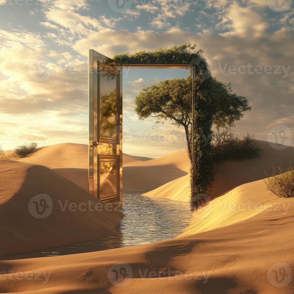 Golden door in the desert with water flowing through it photo