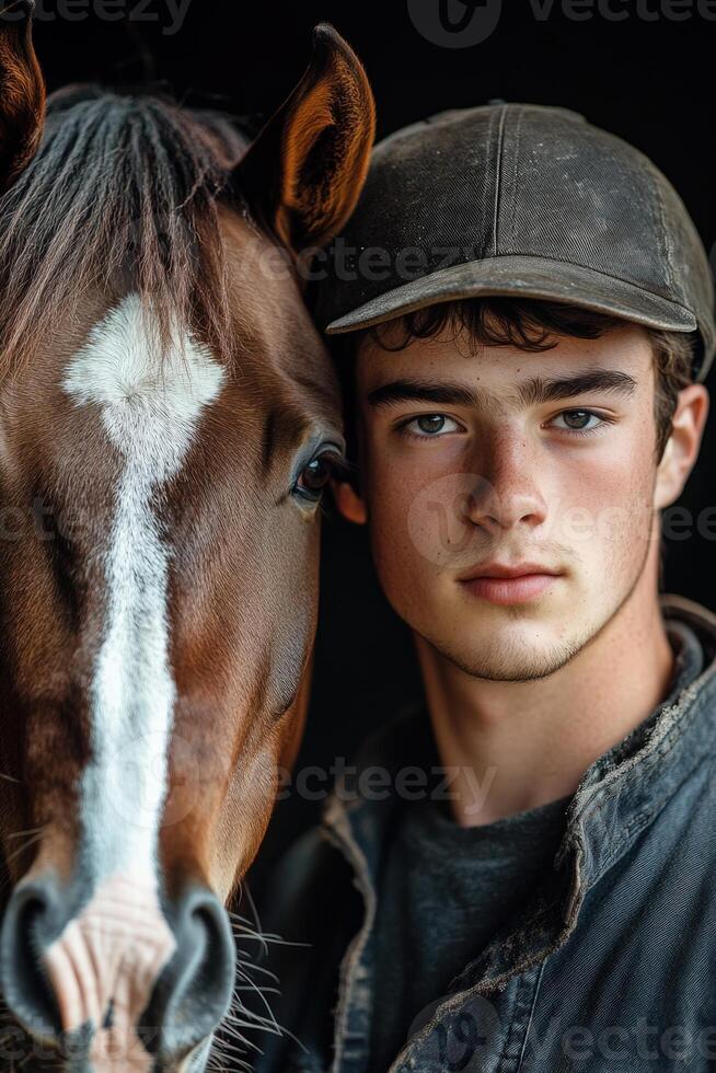 A young man is standing next to a horse photo