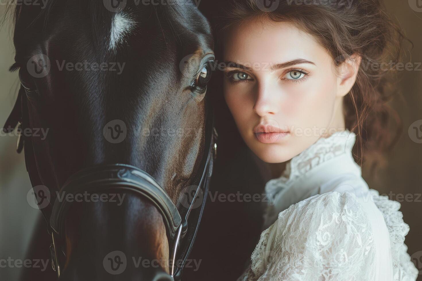 Beautiful woman with horse in the barn photo