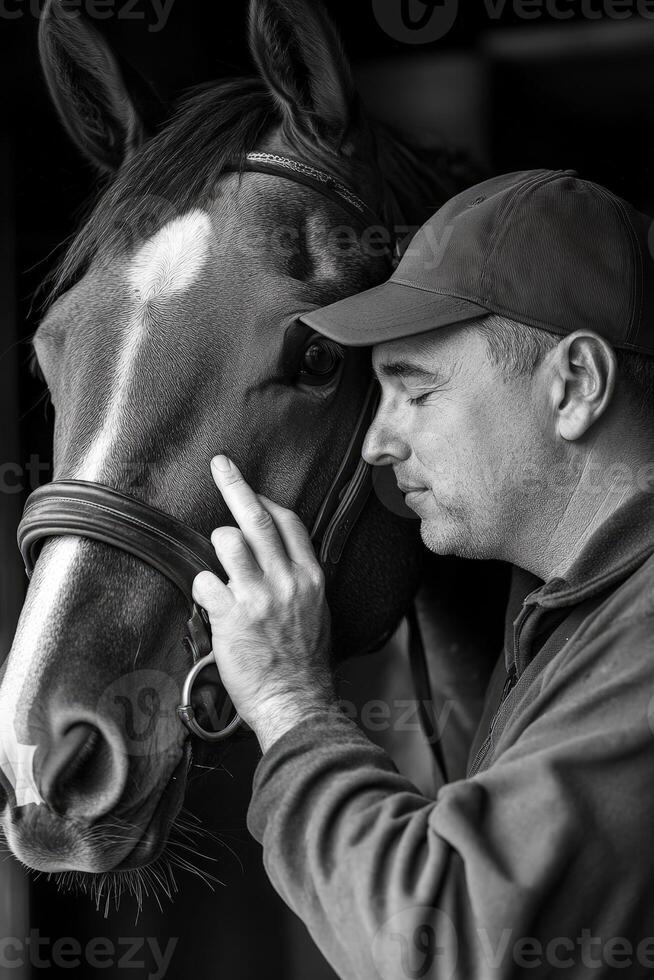 A man is touching the nose of a horse photo