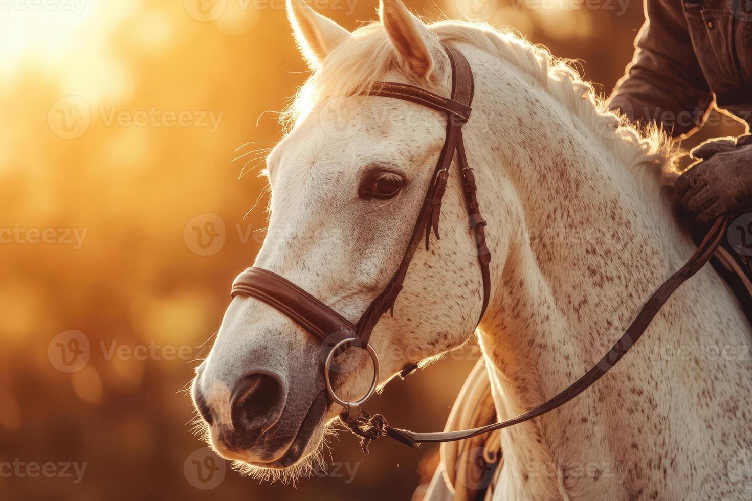 A person is riding a horse in the sun photo