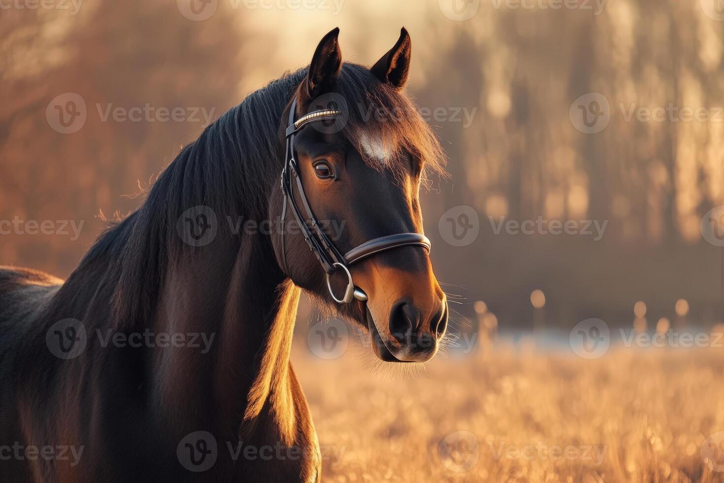 A horse is standing in a field at sunset photo