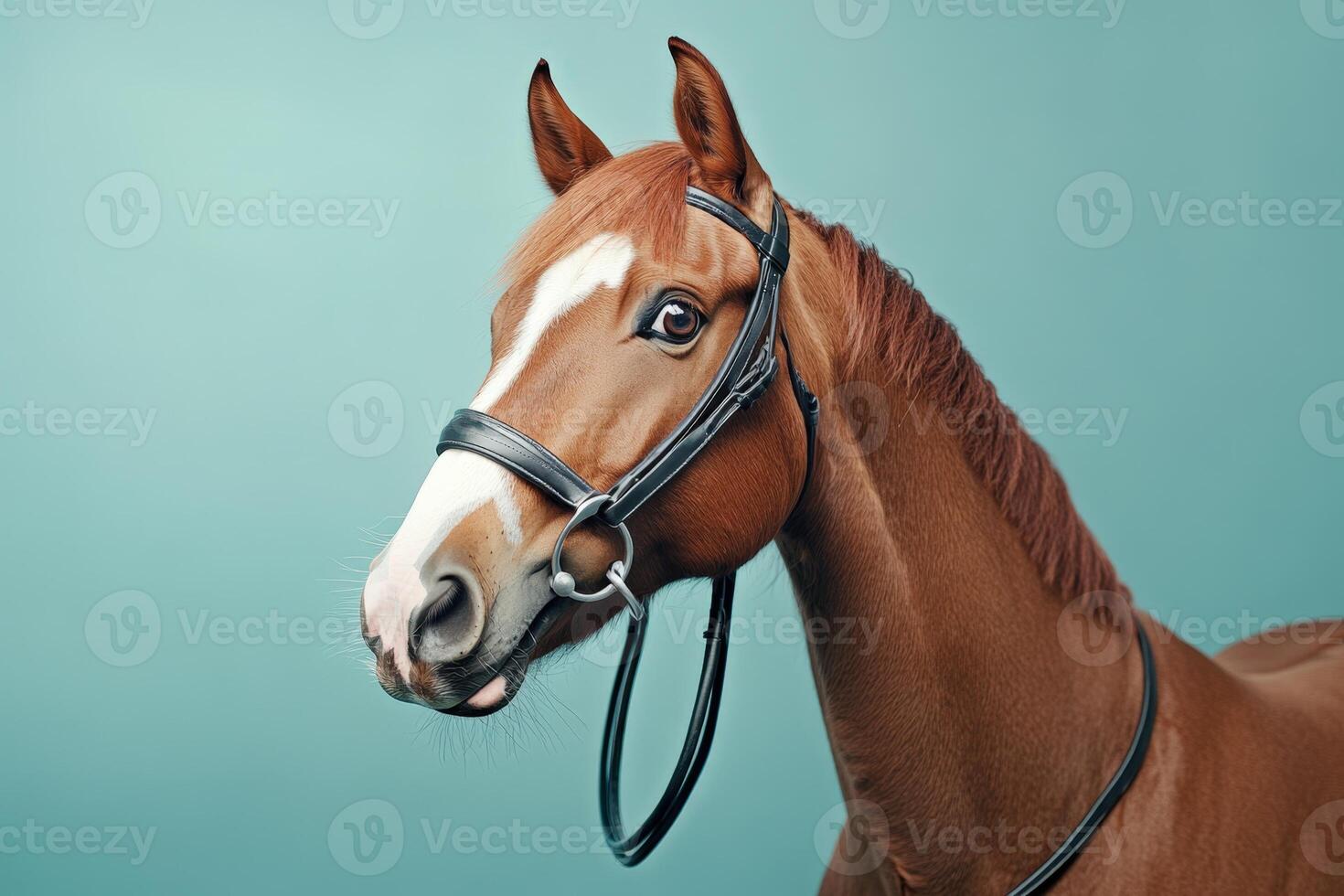A horse with a bridle on its head photo