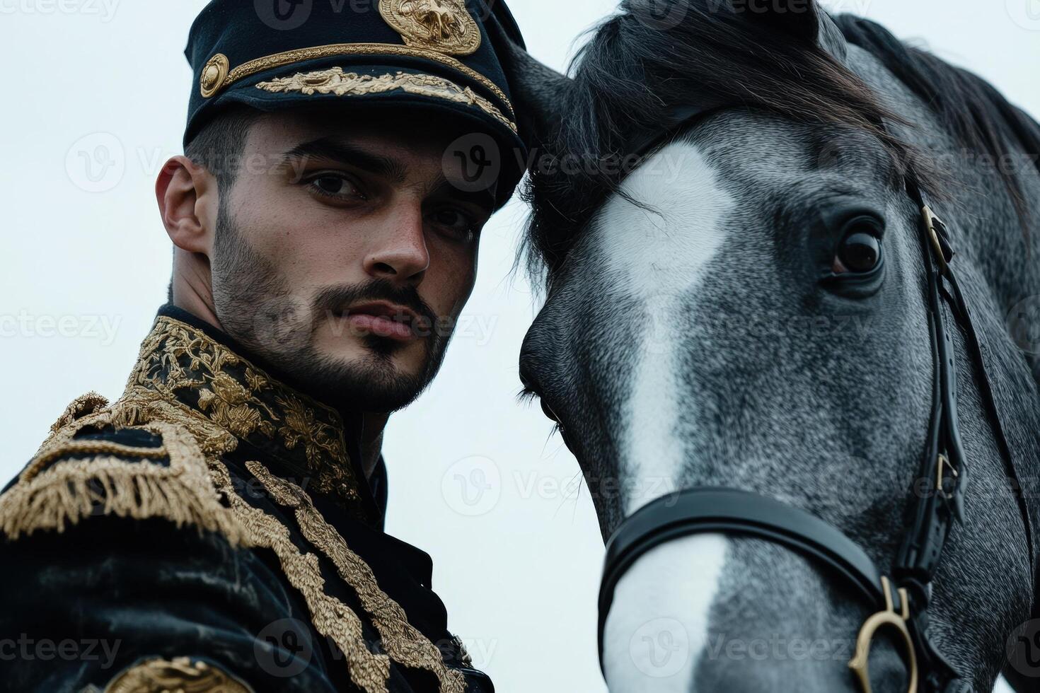 A man in uniform is standing next to a horse photo
