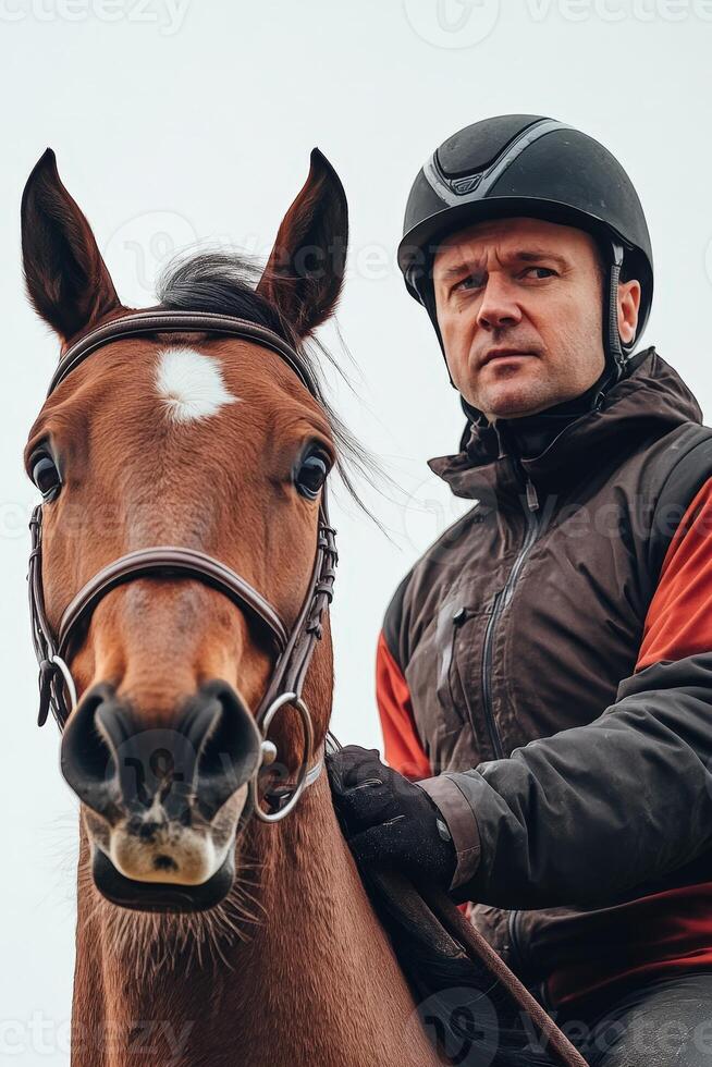 A man wearing a helmet and riding a horse photo