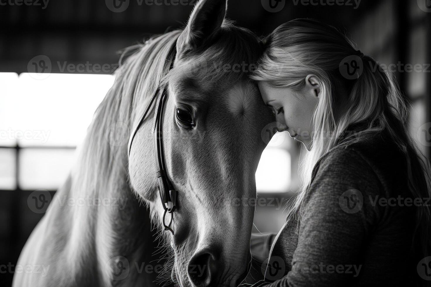 A woman is petting a horse in a barn photo
