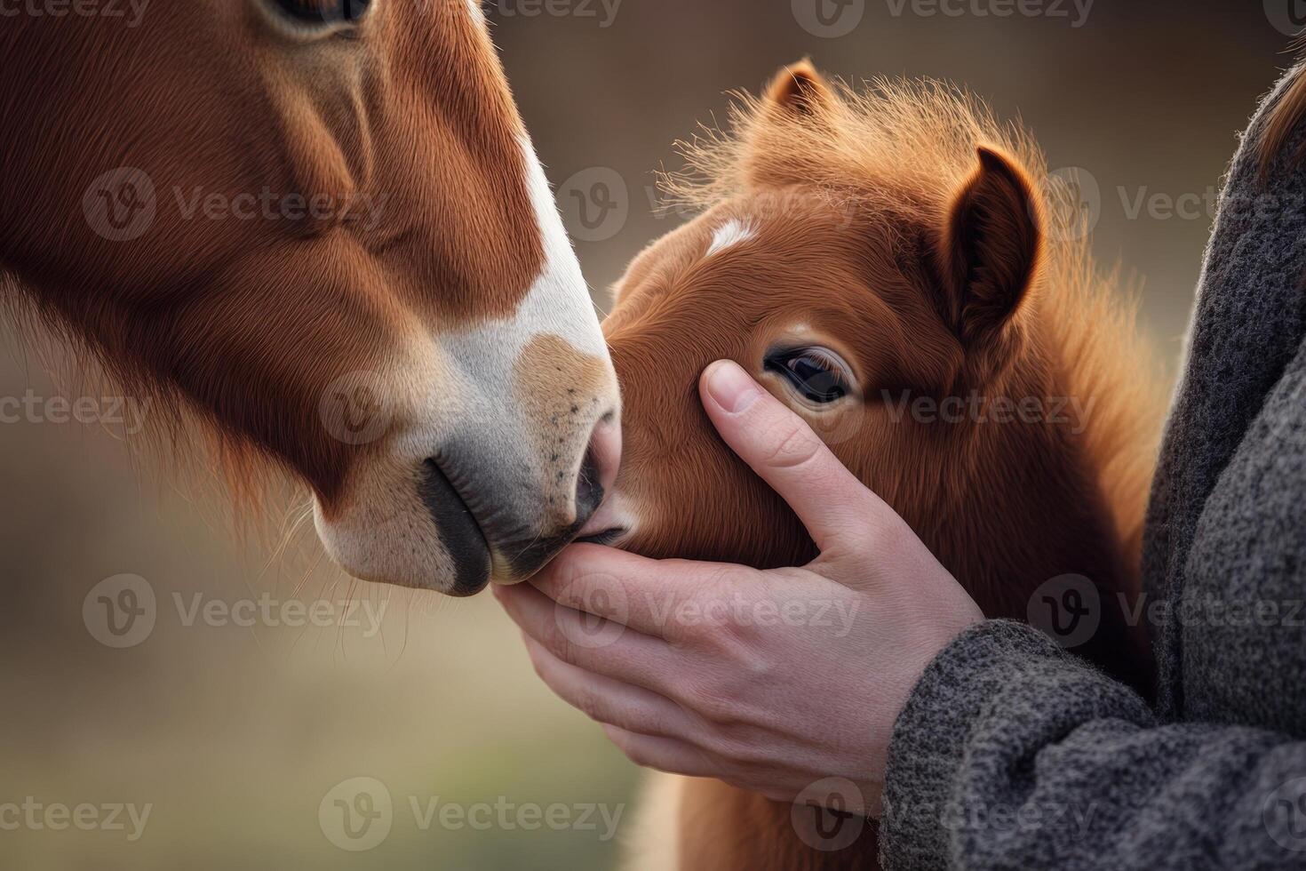 A Woman's Gentle Touch with a Brown Horse and Foal photo